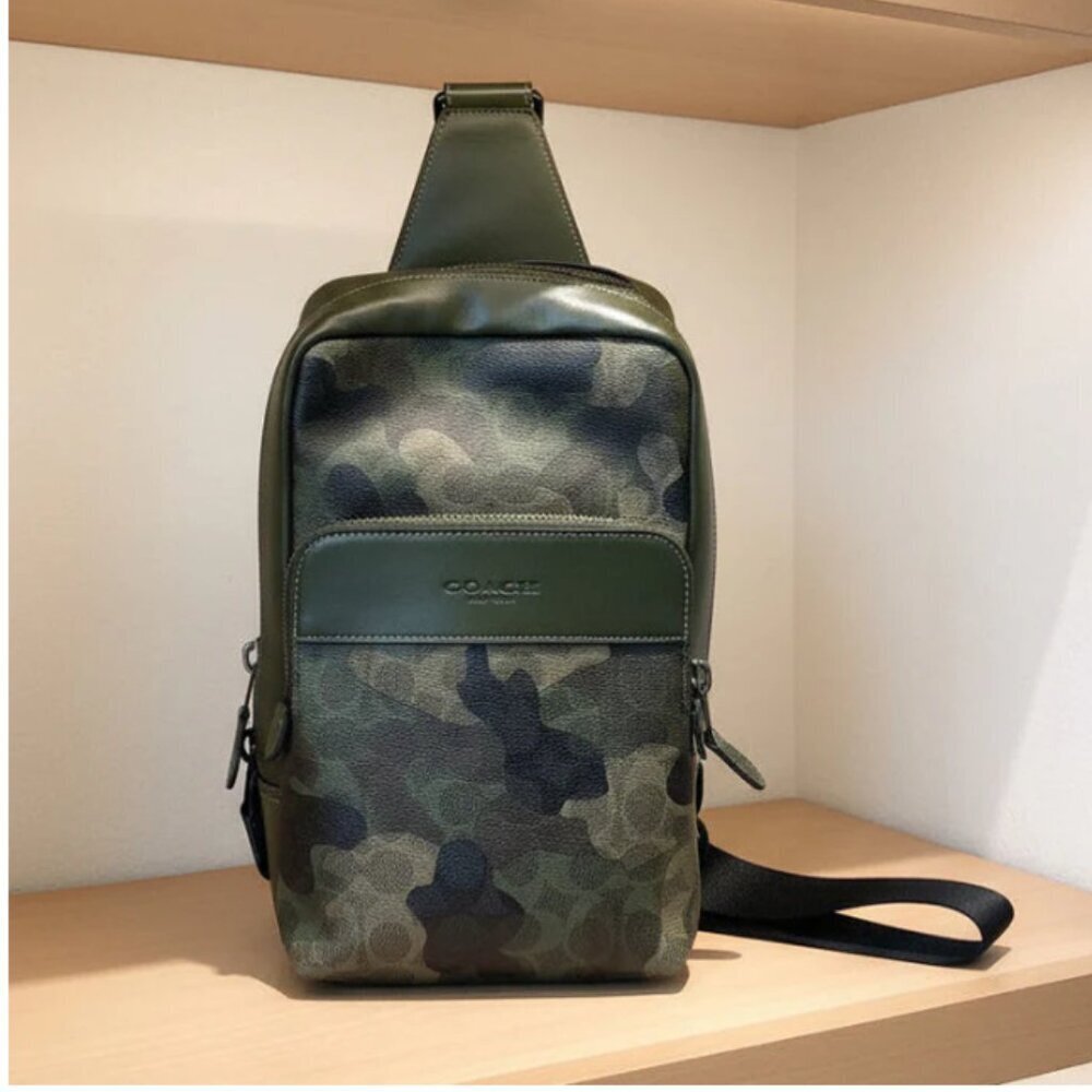 Coach Gotham Pack Sling CAF37 Camo Green Signature Leather Crossbody